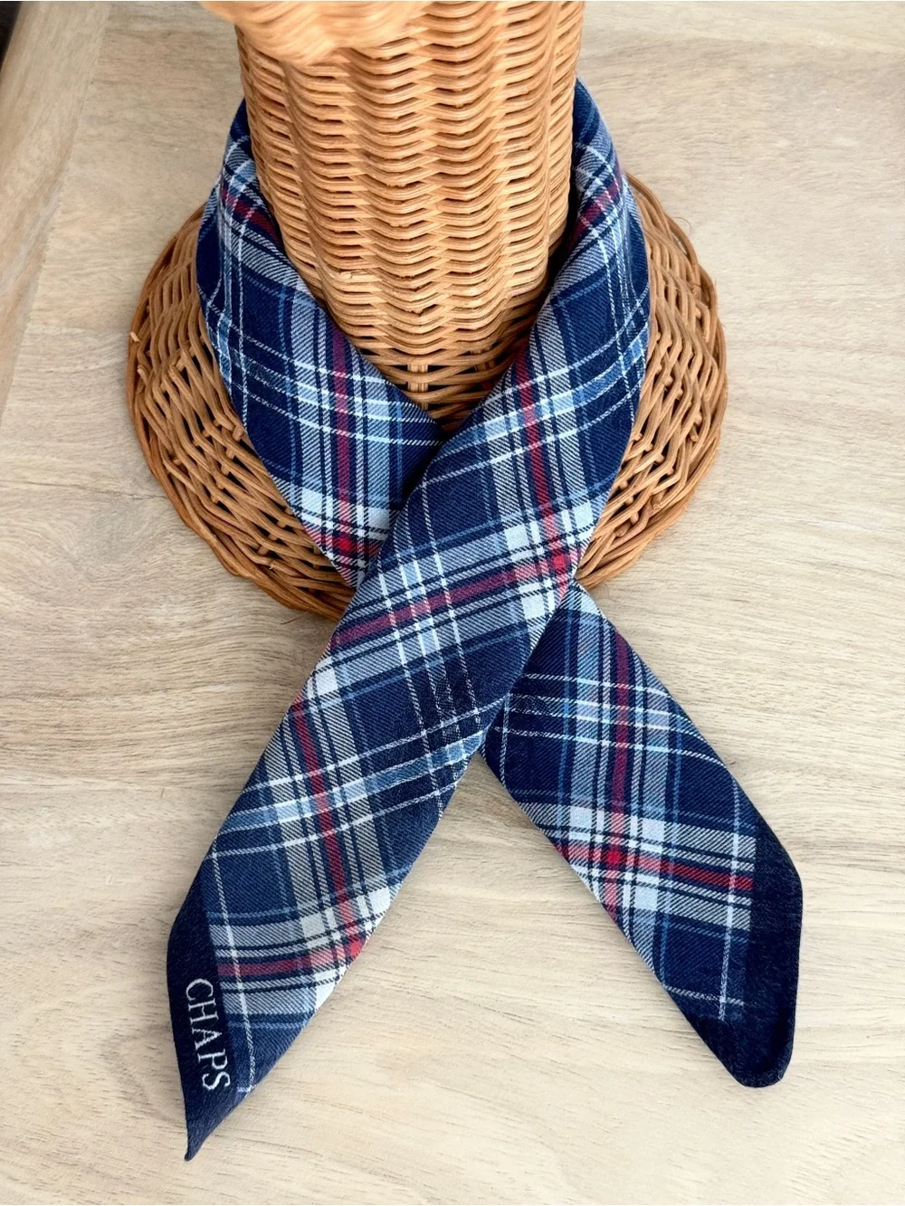 Vintage CHAPS Ralph Lauren Navy Blue Red Plaid Cotton Bandana Scarf Japan